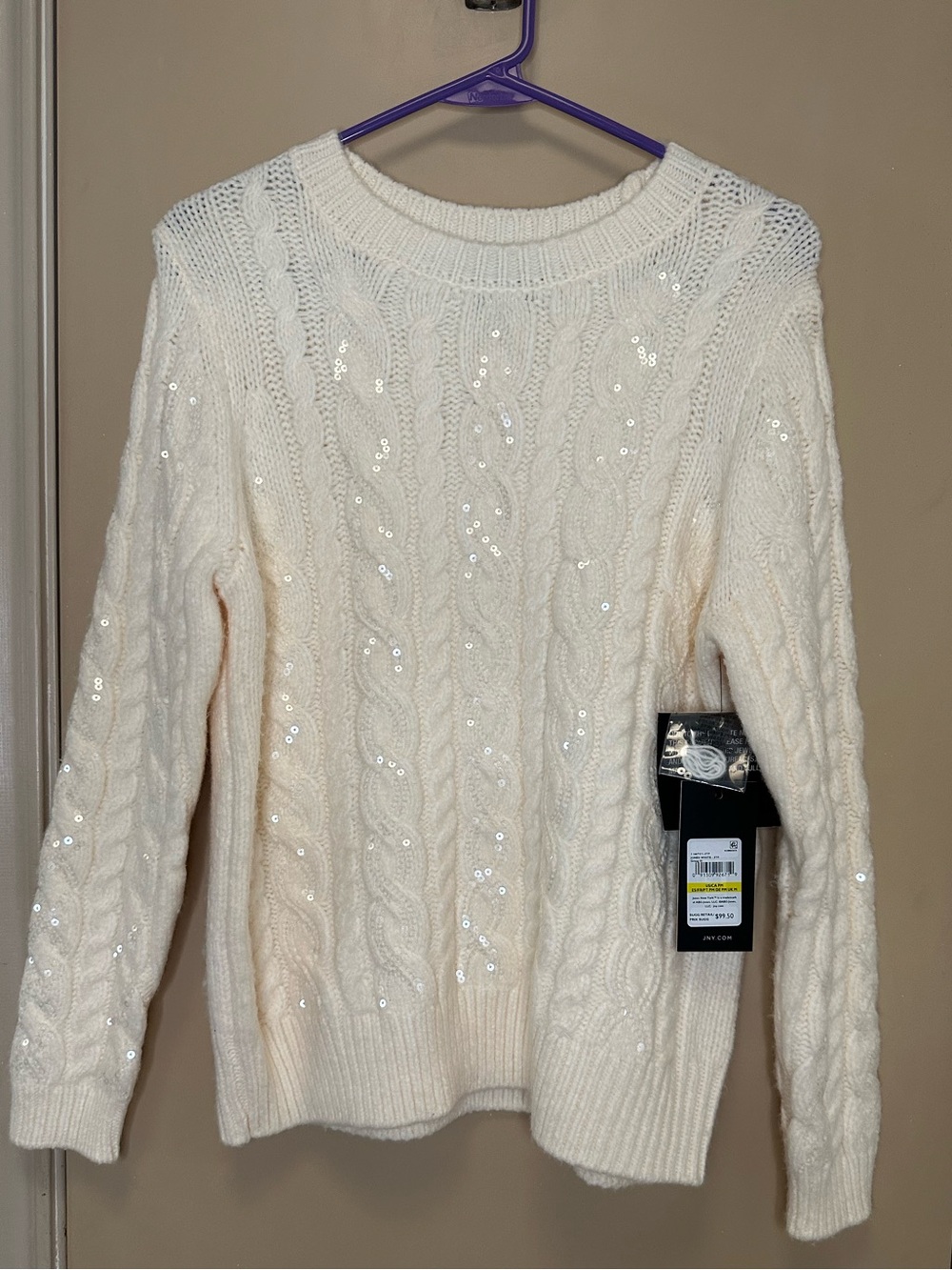 Jones New York Cream Cable Knit Sequin Sweater - Women